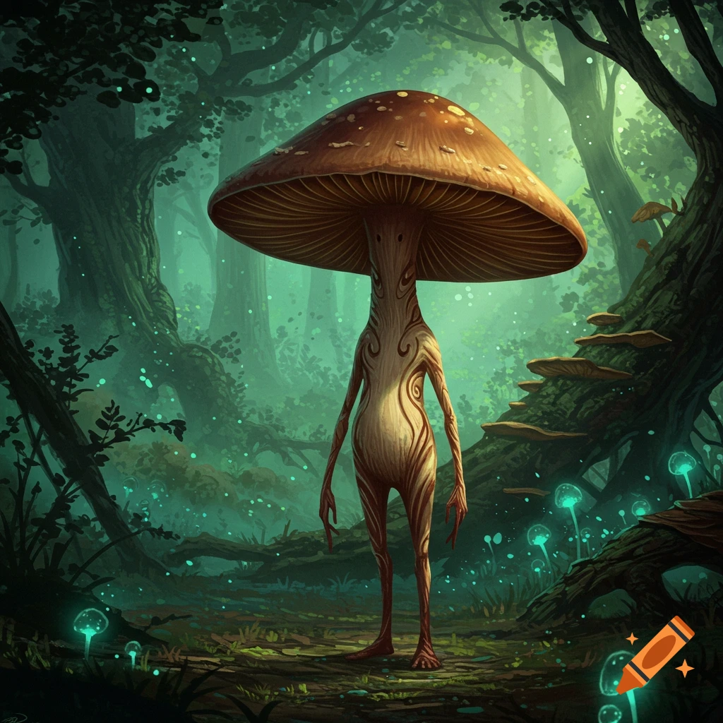 A bipedal mushroom creature with a large cap stands in a glowing, ethereal fantasy forest, art style.