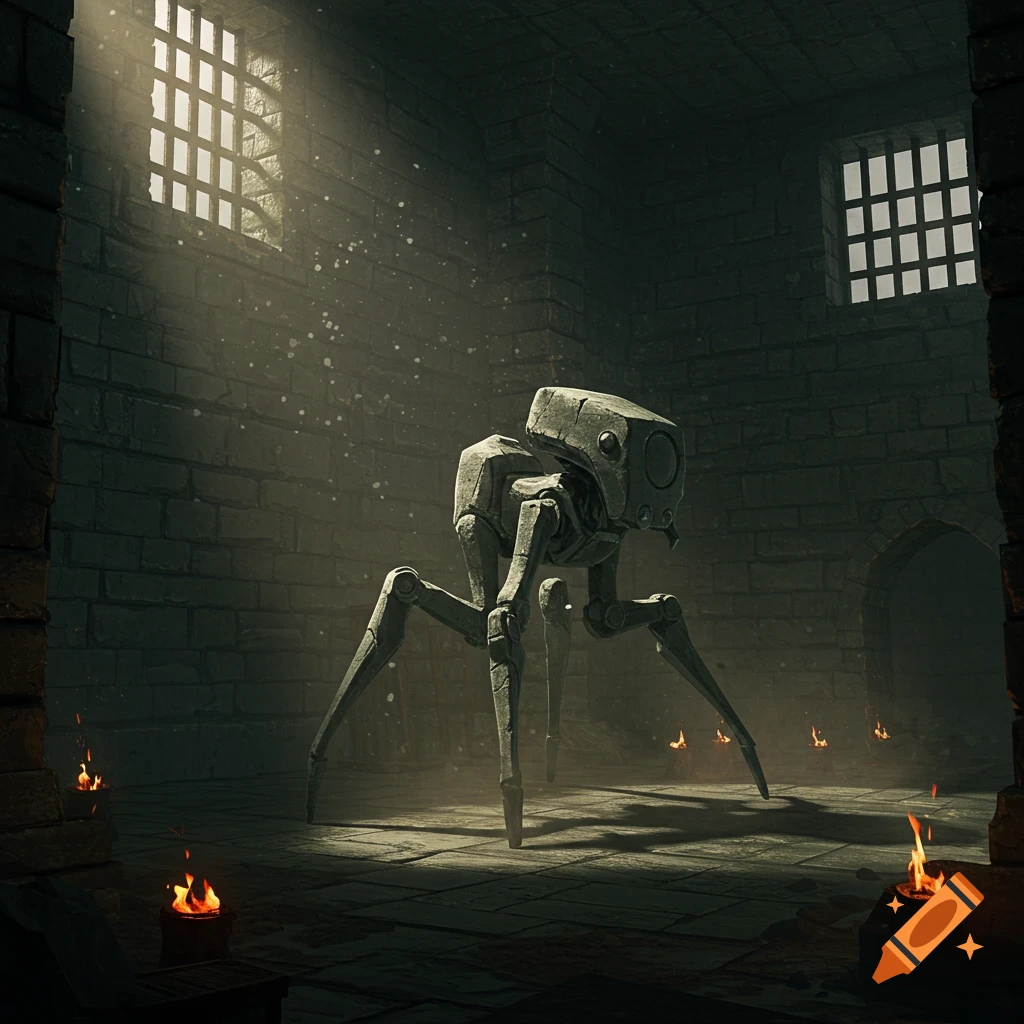 A four-legged, spindly machine creature with a rectangular head stands in a dark dungeon, lit by light from barred windows and small fires.