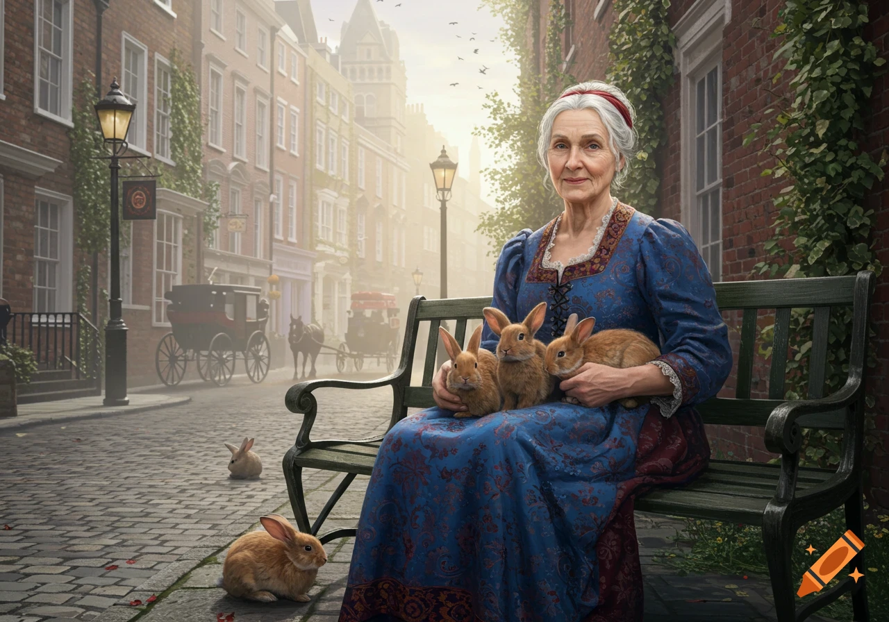 An old woman in a blue historical dress sits on a bench, holding three rabbits, with more rabbits on a cobblestone historical London street in the hazy background. Photorealistic.