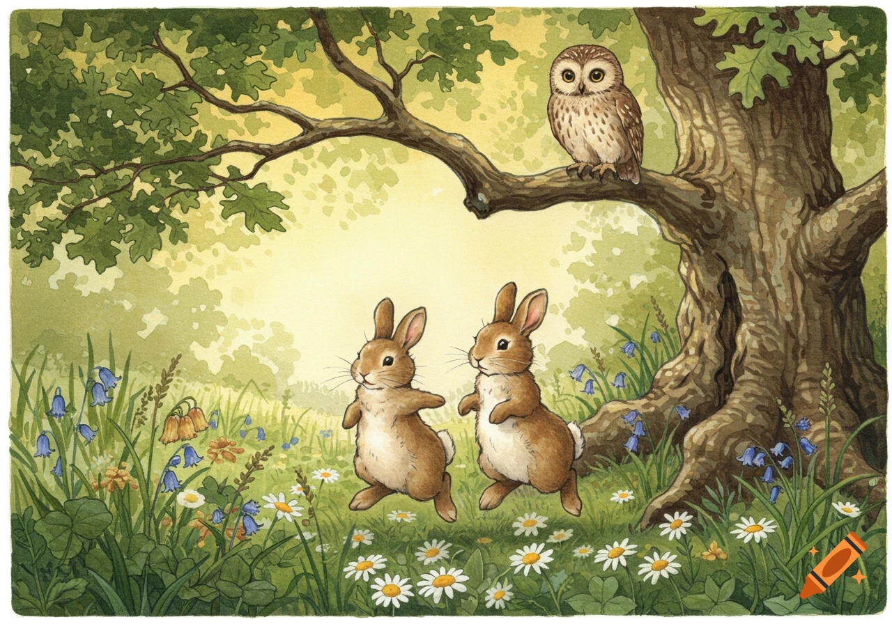 Two brown rabbits hop through a wildflower meadow under a tree with a perched owl, in a Beatrix Potter style illustration.