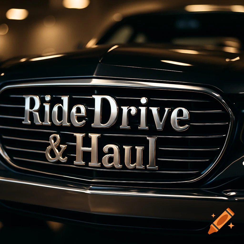 Close-up of a black car's front grille with the words 'Ride Drive & Haul' in metallic letters, photorealistic style.