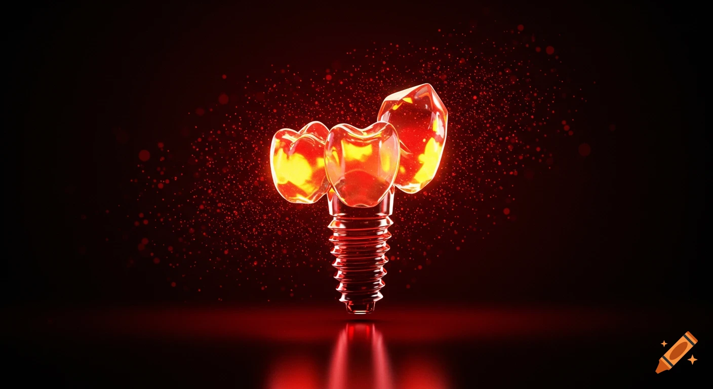 A glowing red and orange futuristic dental implant on a dark, reflective surface, surrounded by light particles.