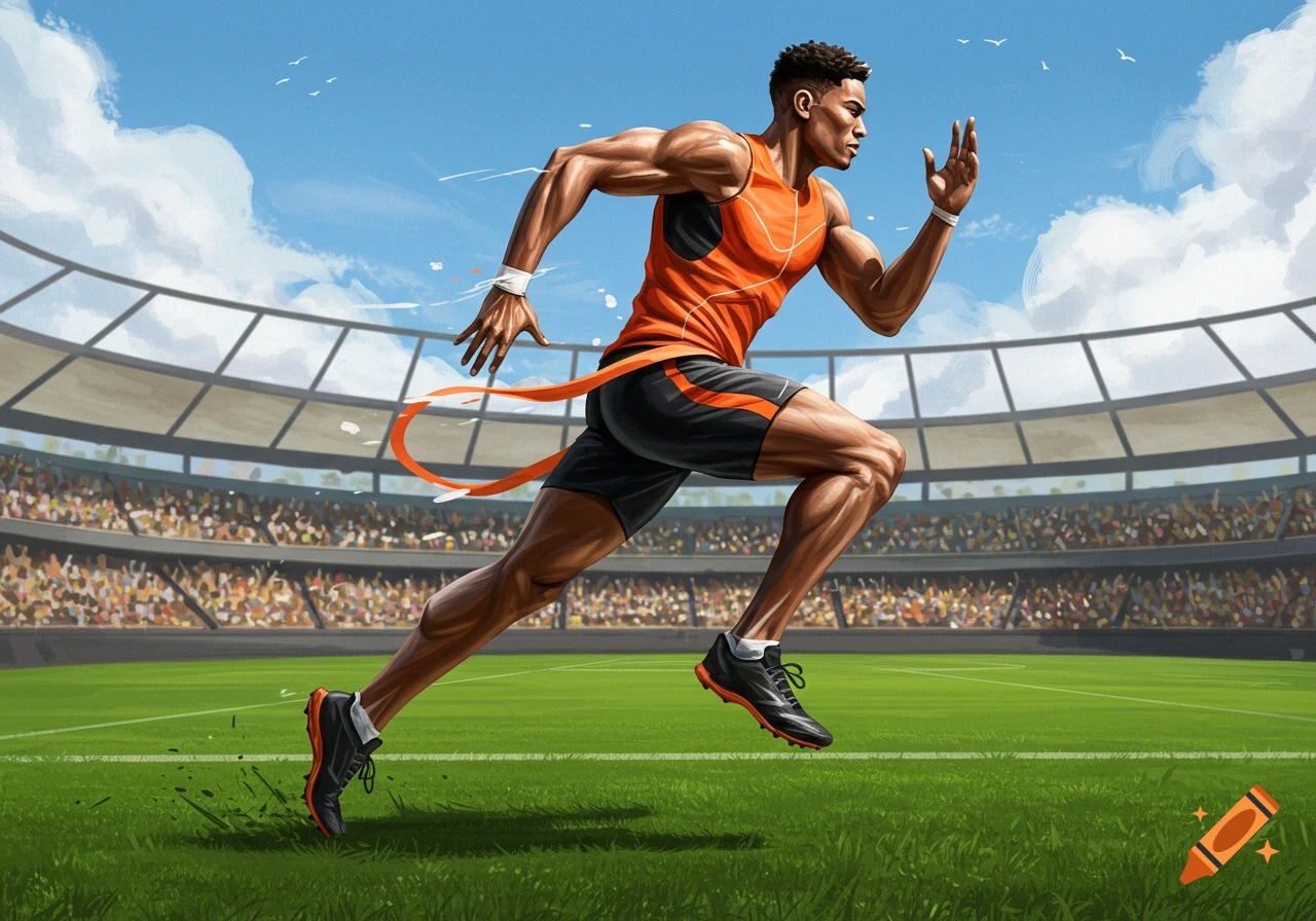 An illustrated male runner in an orange and black uniform sprinting on a green track in a stadium.