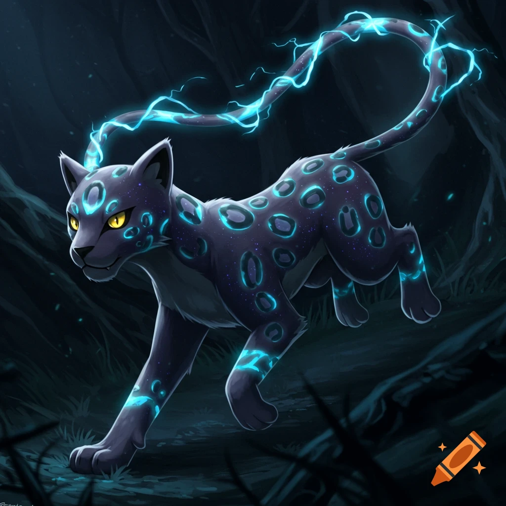 A dark, stylized panther-like creature with glowing blue spots and a crackling electric tail runs through a dim forest.