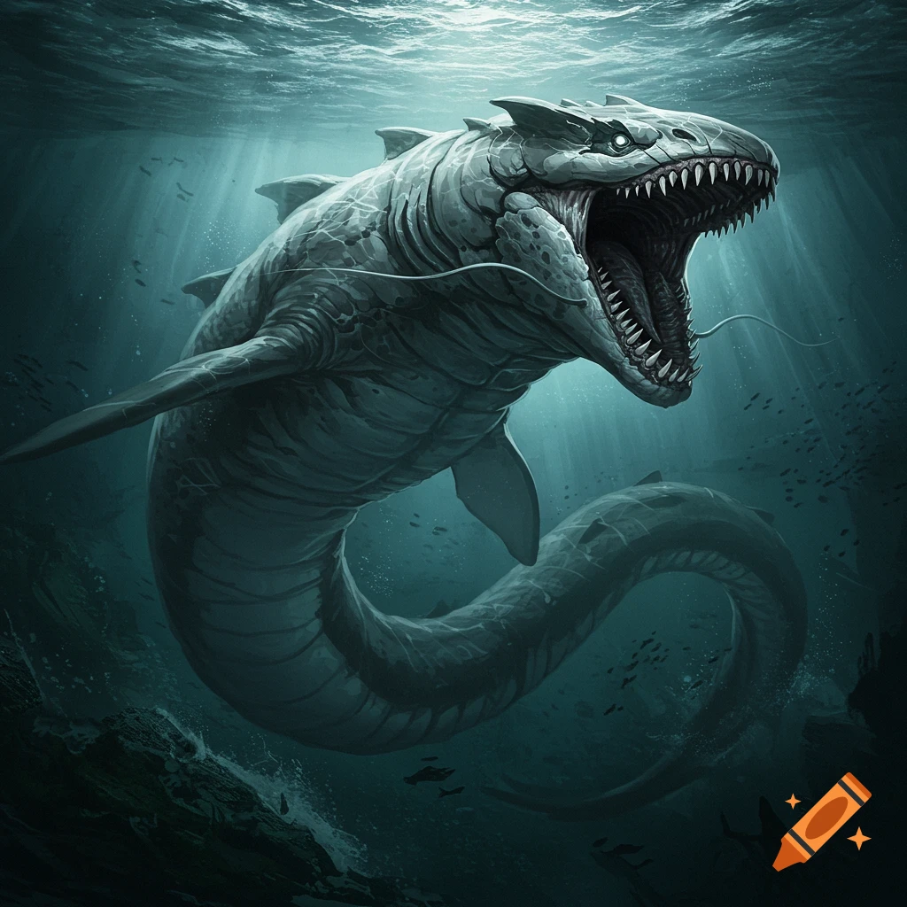 A gigantic, monstrous leviathan with glowing eyes and a gaping mouth swims deep underwater in a dark fantasy art style.