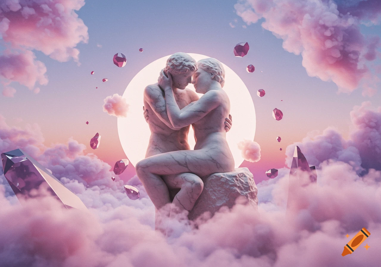 Two nude marble statues embrace amidst pastel pink clouds, floating crystals, and a bright halo, in a surreal art style.