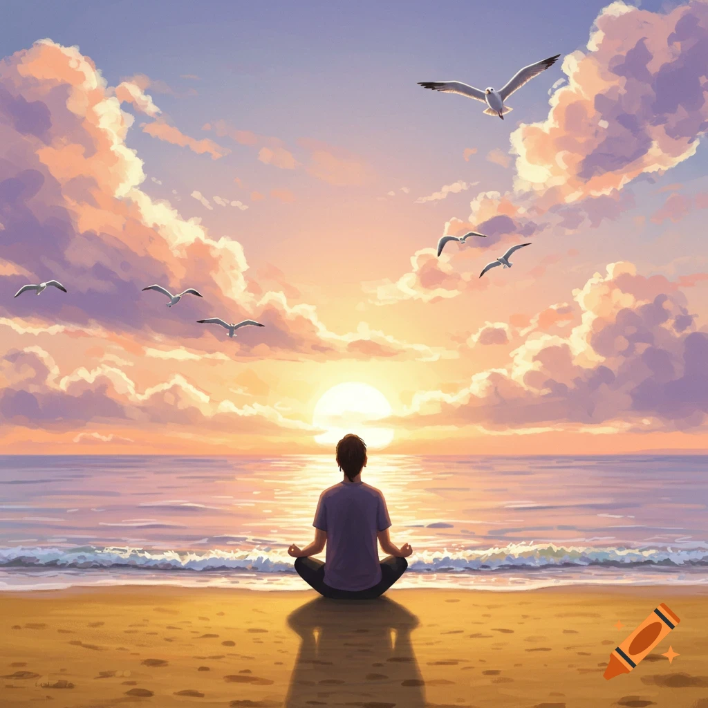 A person meditates on a sandy beach facing a vibrant sunset over the ocean, with seagulls flying under a colorful sky.