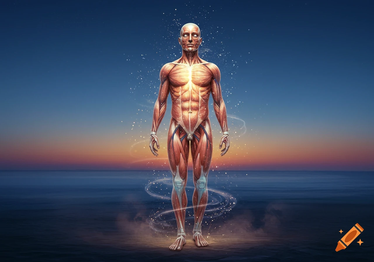 A detailed anatomical illustration of the human muscular system glowing with ethereal light against a twilight sky and dark water.