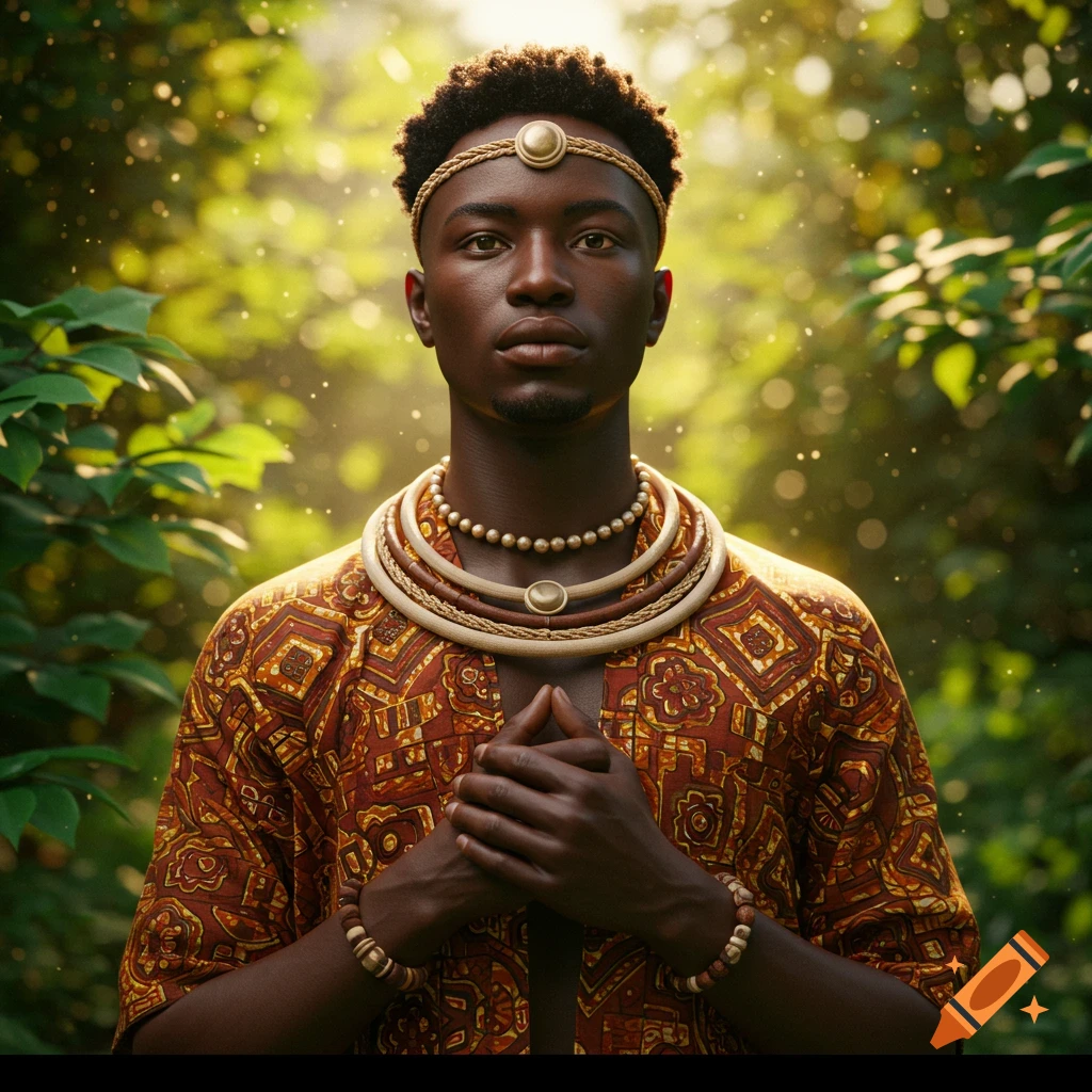 A dark-skinned man in traditional attire and jewelry stands in a sunlit forest, hands clasped.