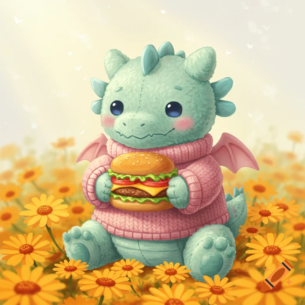 A cute green dragon plushie wearing a pink sweater sits in a field of yellow flowers, holding a hamburger.