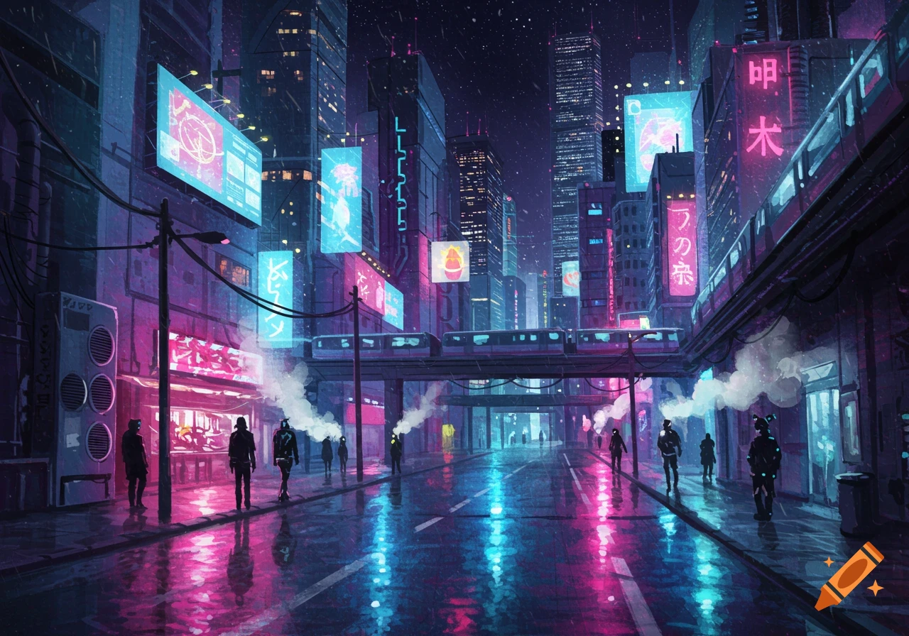 A vibrant watercolor painting of a futuristic cyberpunk city at night, with neon pink and blue lights reflecting on a wet street. Tall buildings are covered in glowing signs, and a train moves on an elevated track above pedestrians.