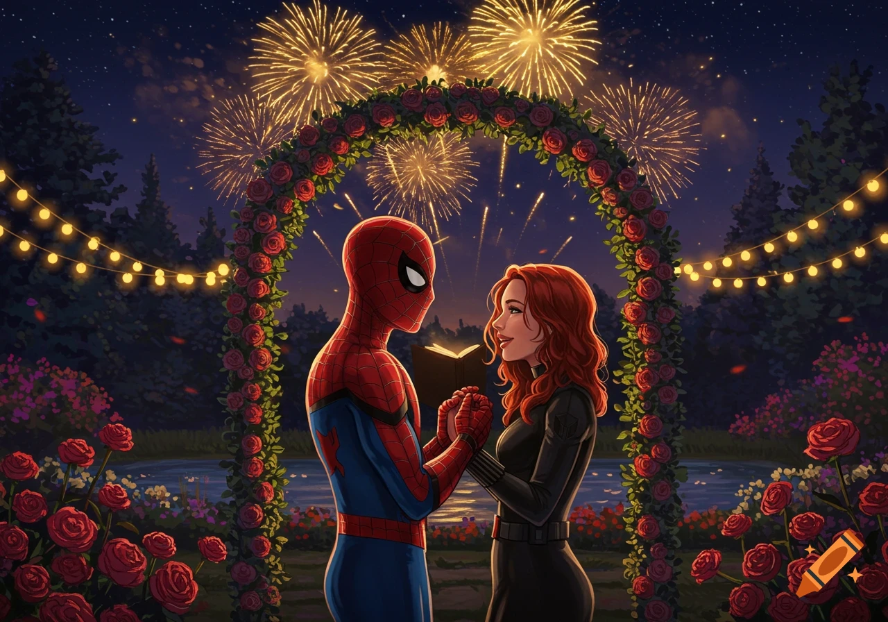 Spider-Man and Black Widow hold hands under a rose arch with fireworks in a romantic night garden setting, illustration.