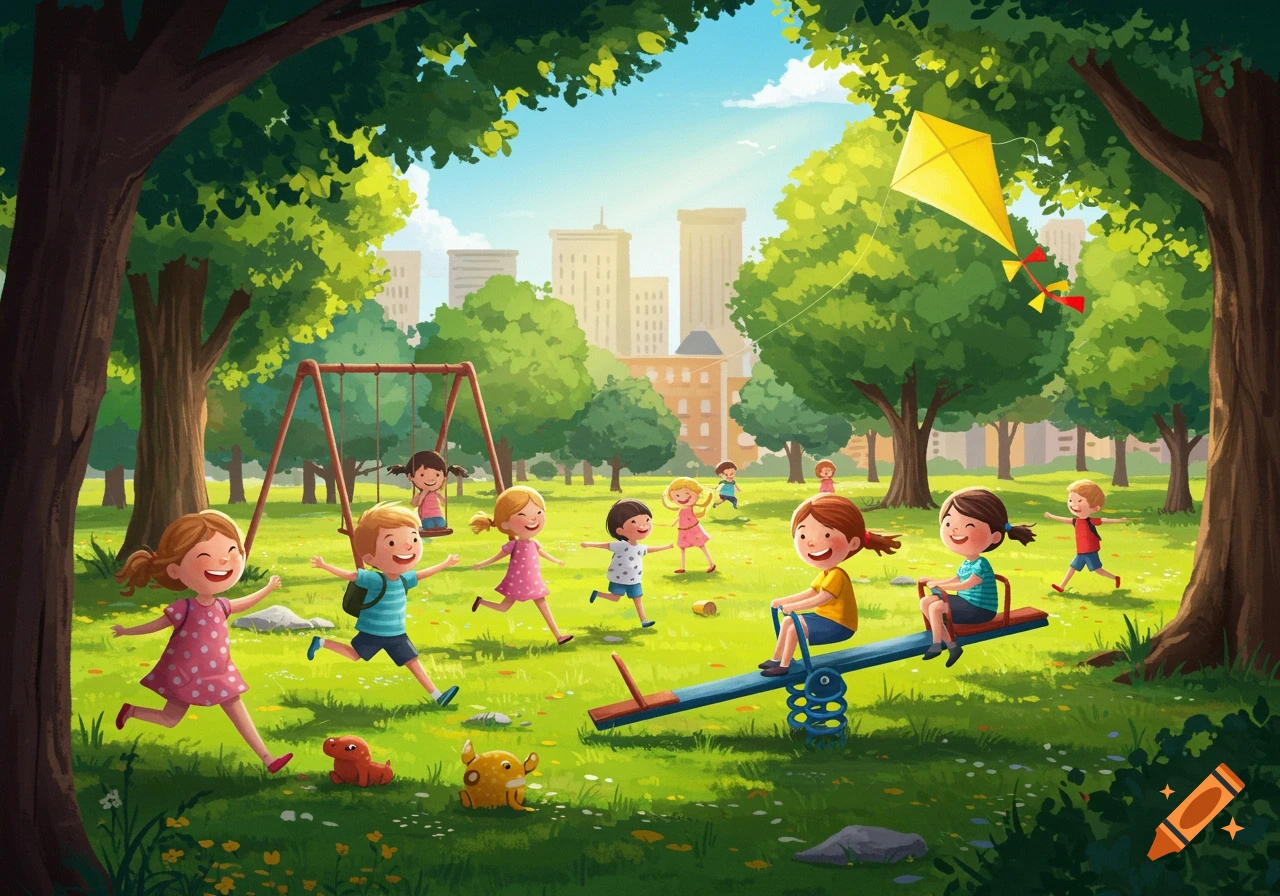 Happy children play in a sunny cartoon park with swings, a seesaw, and a kite flying above city buildings.