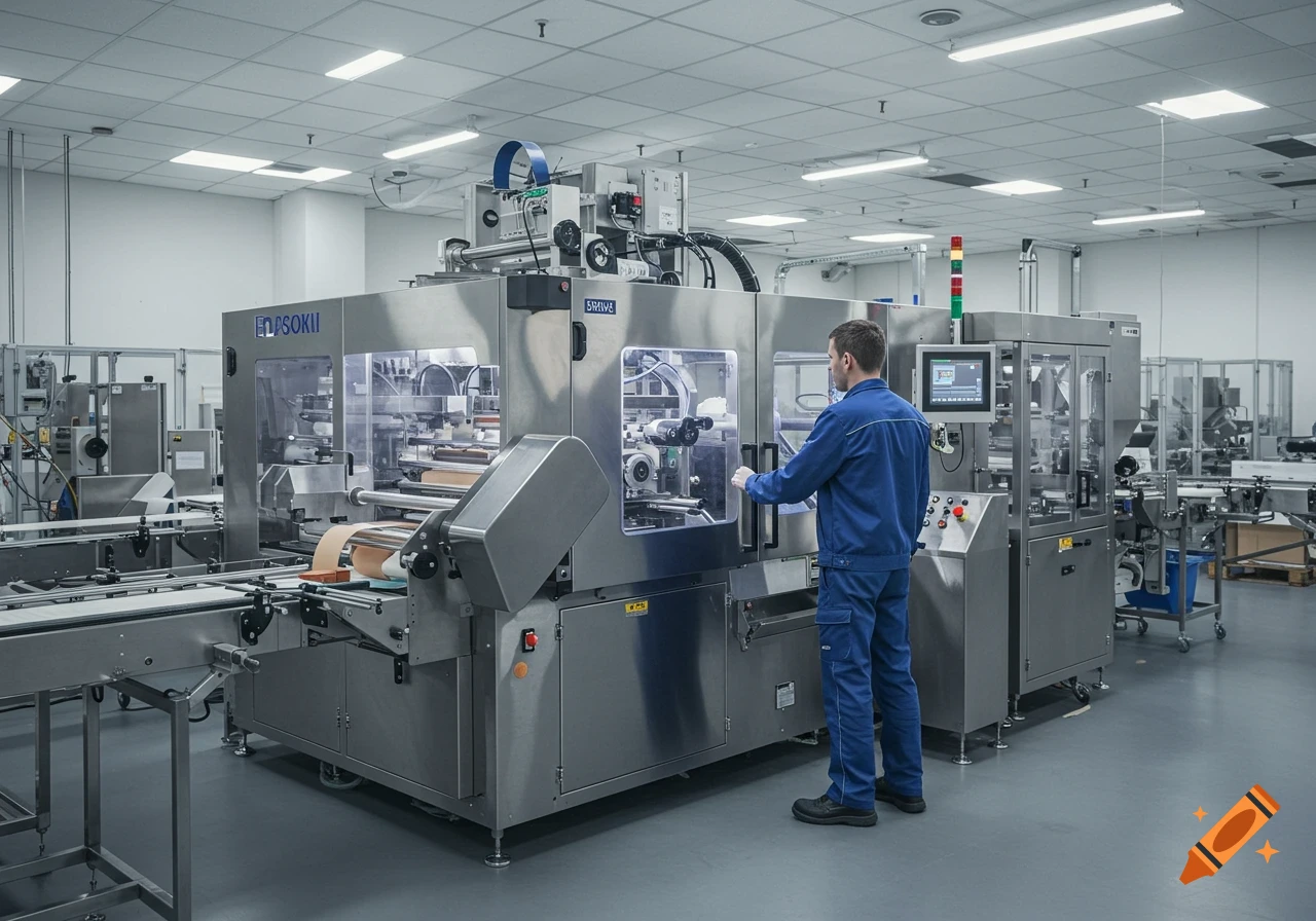 A man in blue workwear operates a large, stainless steel packaging machine on a factory floor.