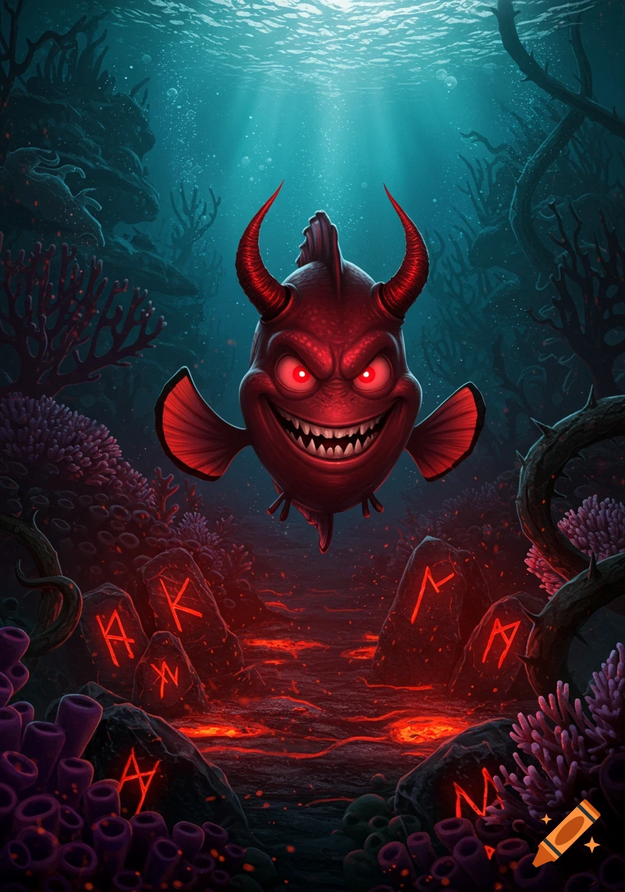 A grinning red demonic fish with horns and glowing red eyes swims menacingly in a dark underwater cavern with glowing red lava and mystical runes.