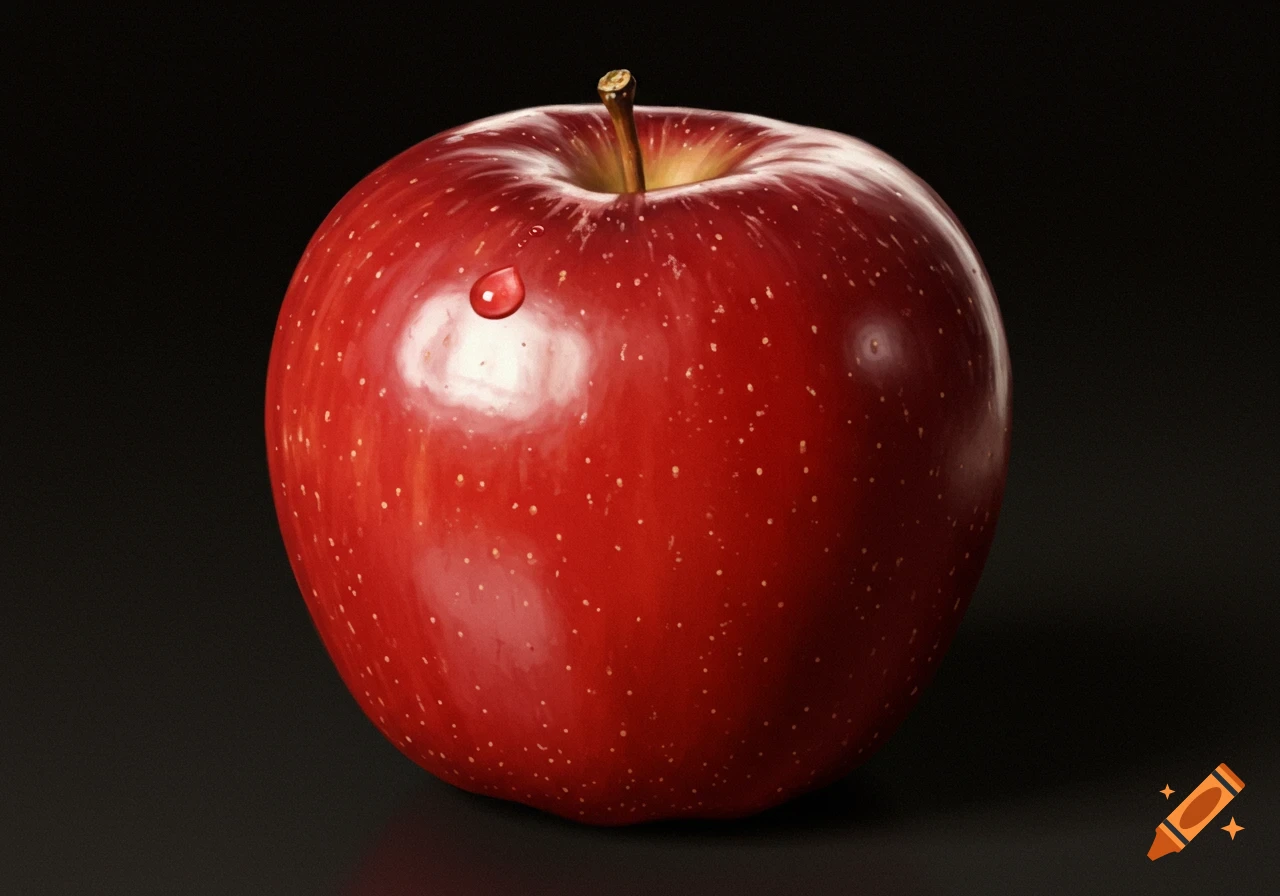 A vibrant red apple with a glistening water droplet on its skin, set against a dark, minimalist background.