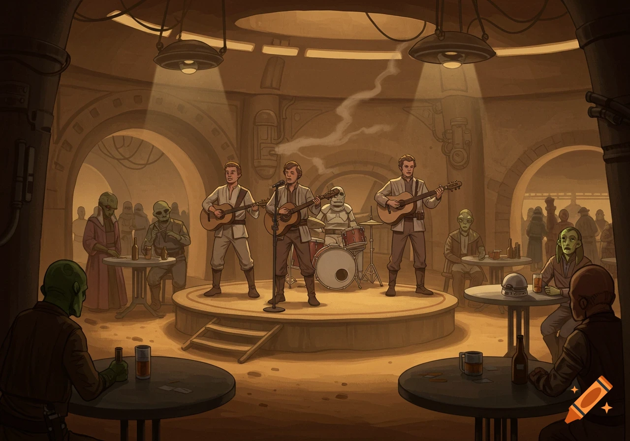 An illustrated Star Wars cantina scene with a band of human-like musicians and a Stormtrooper drummer performing for alien patrons.
