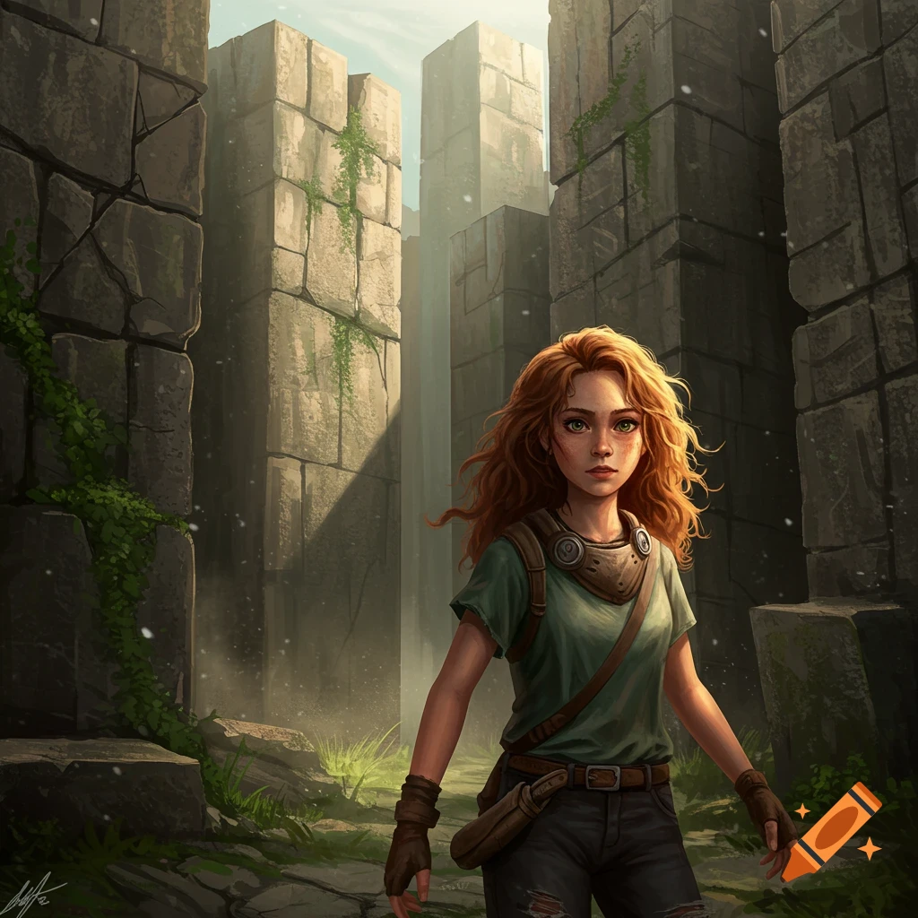 An auburn-haired girl in adventure gear stands in a sunlit, overgrown ancient stone maze, digital fantasy art.