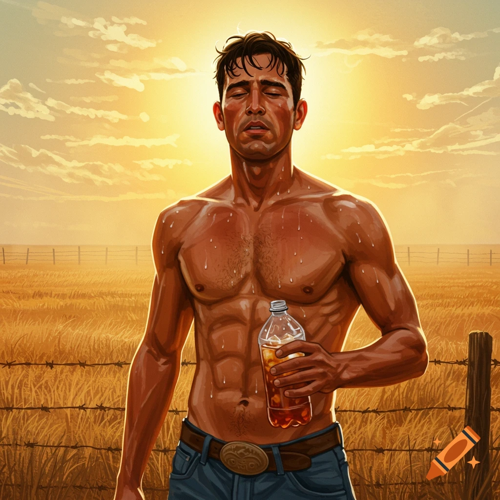 Sweaty, shirtless rancher holding iced tea in a hot, dusty field at sunset, illustration.