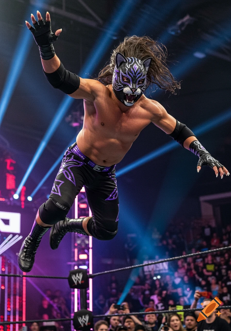 A male wrestler in a black and purple cat mask and wrestling attire leaps in a brightly lit wrestling ring.