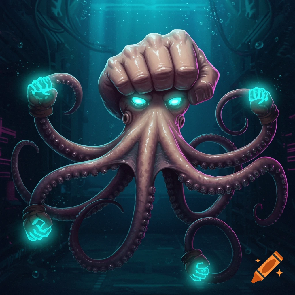 A powerful octopus creature with a human fist for a head, glowing cyan eyes, and bioluminescent suction cups in a dark, sci-fi underwater environment.