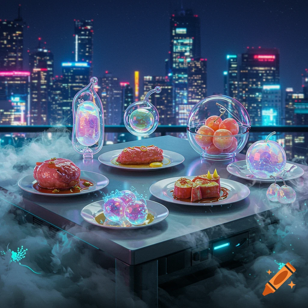 A table of futuristic, glowing food dishes and crystal-like fruit bowls on a rooftop overlooking a neon-lit cityscape at night.