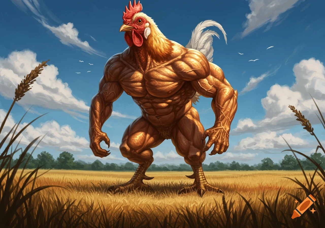 A highly muscular rooster with bulging muscles stands in a golden wheat field under a blue sky, digital art.