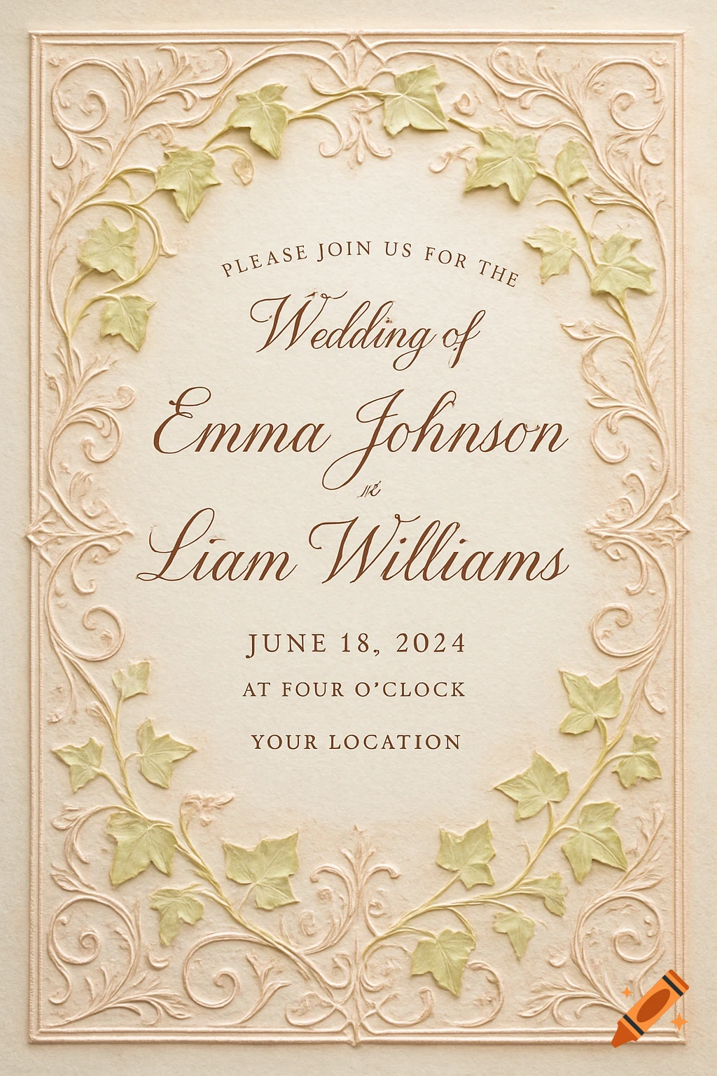 An elegant, embossed wedding invitation template with a cream background and a decorative frame of green ivy leaves and swirls.