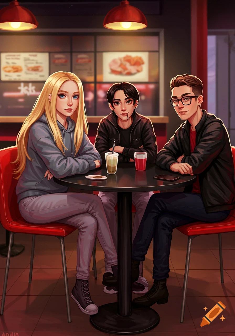 Three young friends, two men and a blonde woman, sit around a black table with drinks in a cafe in this digital illustration.