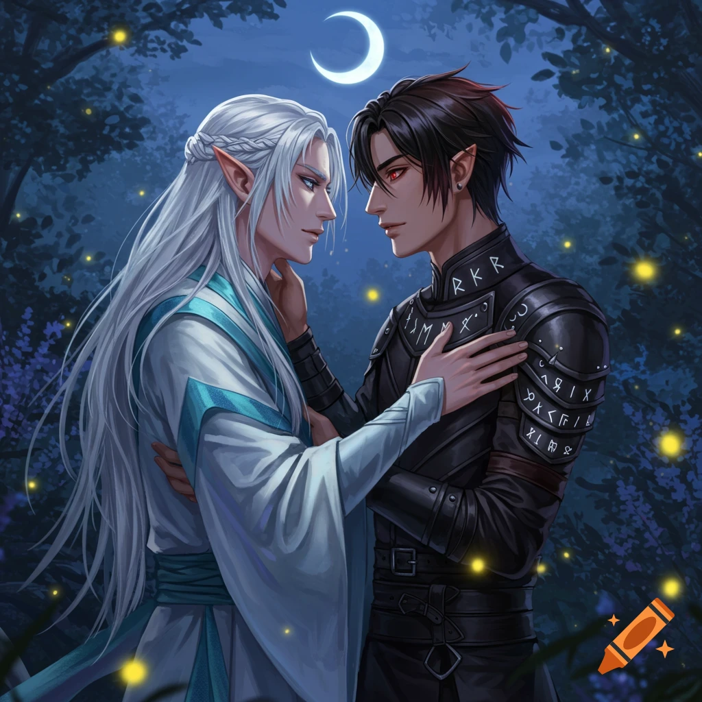 Two male elves embrace under a crescent moon in a magical, glowing forest. One has white hair, the other dark armor.