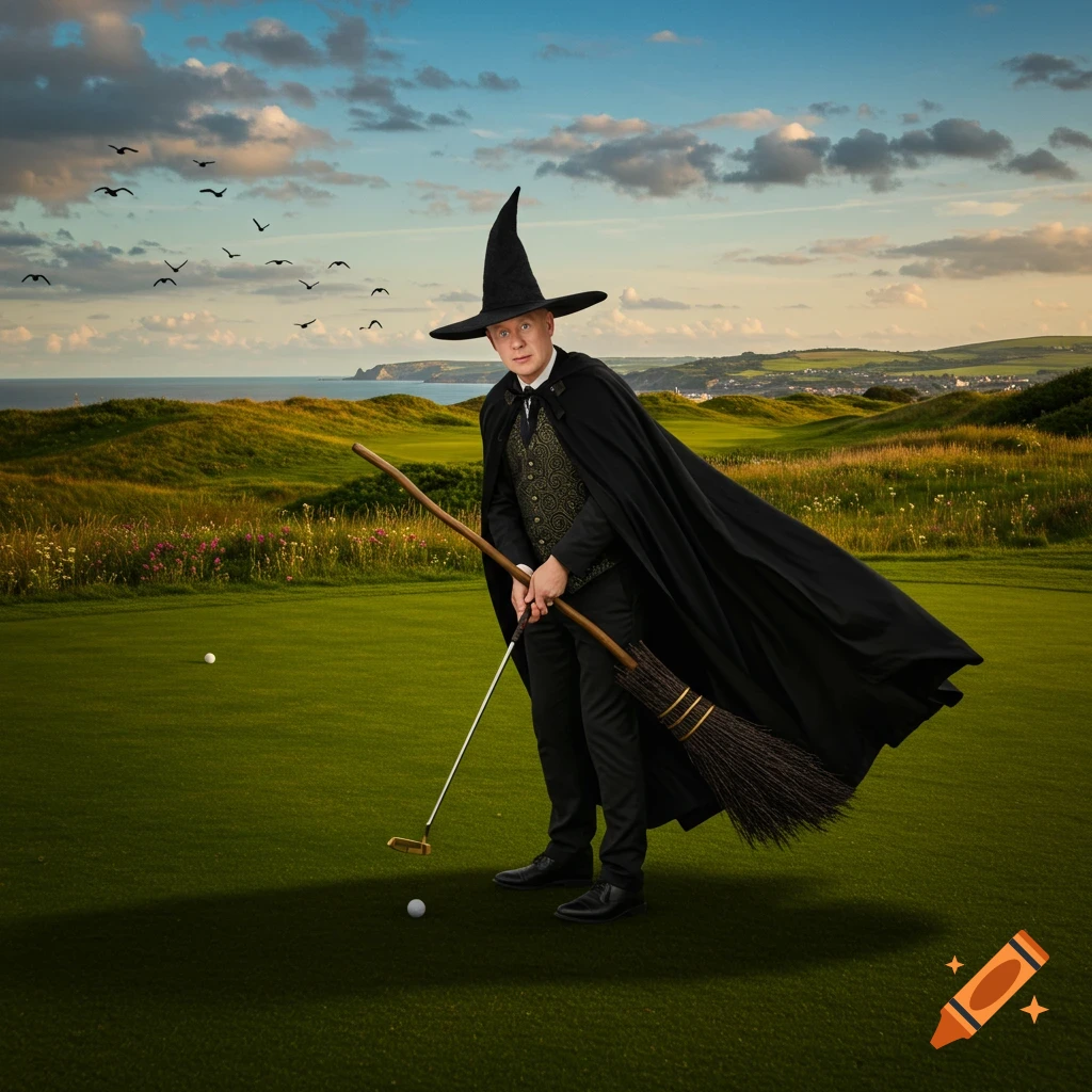 A bald man dressed as a witch holds a golf club and broom on a coastal golf course at sunset.