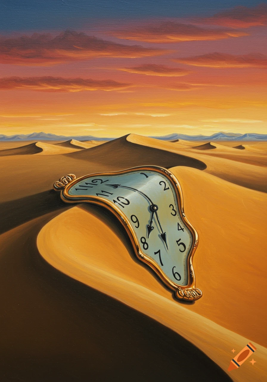 Surreal oil painting of a melting clock draped over a desert dune at sunset, with distant mountains.