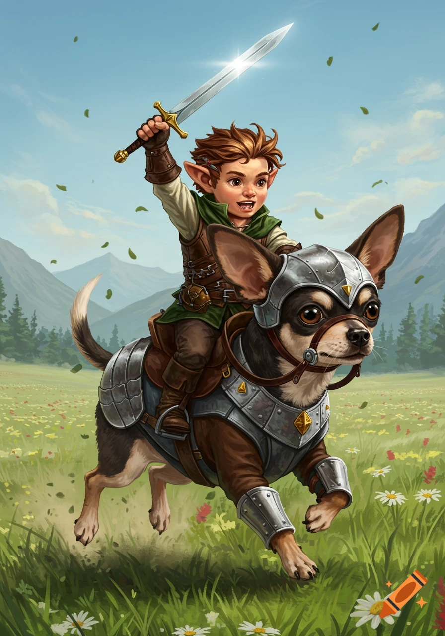 A halfling child holding a sword rides an armored chihuahua through a vibrant, flowery field under a blue sky.