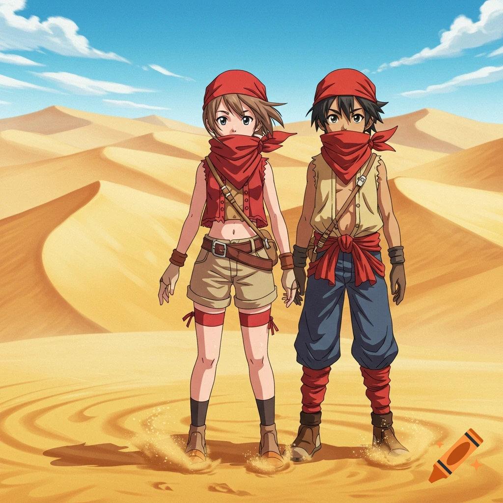 Anime boy and girl explorers in red bandanas and desert attire stand on sand dunes under a blue sky.