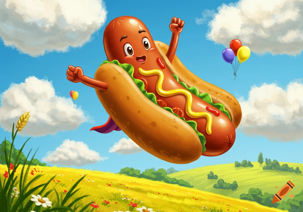 A cheerful cartoon hotdog superhero with a red cape flies through a sunny blue sky above a yellow field, holding balloons.