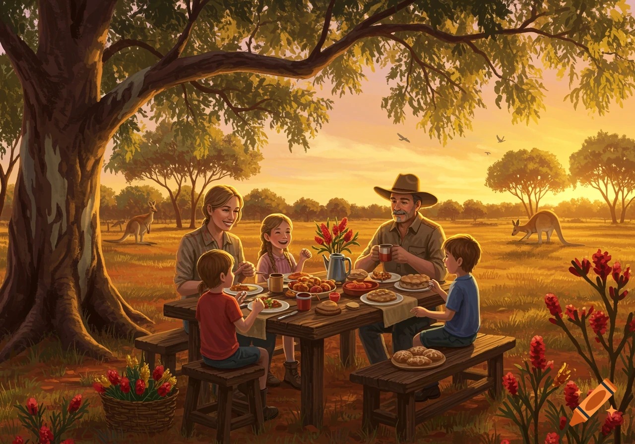 An Australian family enjoys a picnic under a large tree in a golden field at sunset, with kangaroos grazing and red flowers.