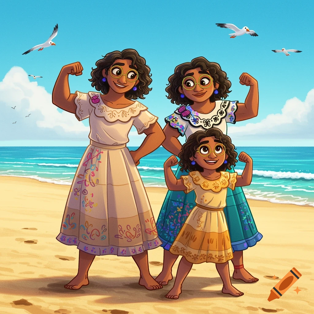 Cartoon of three women and a child, resembling Mirabel from Encanto, flexing muscles on a sandy beach by the ocean, with seagulls flying.