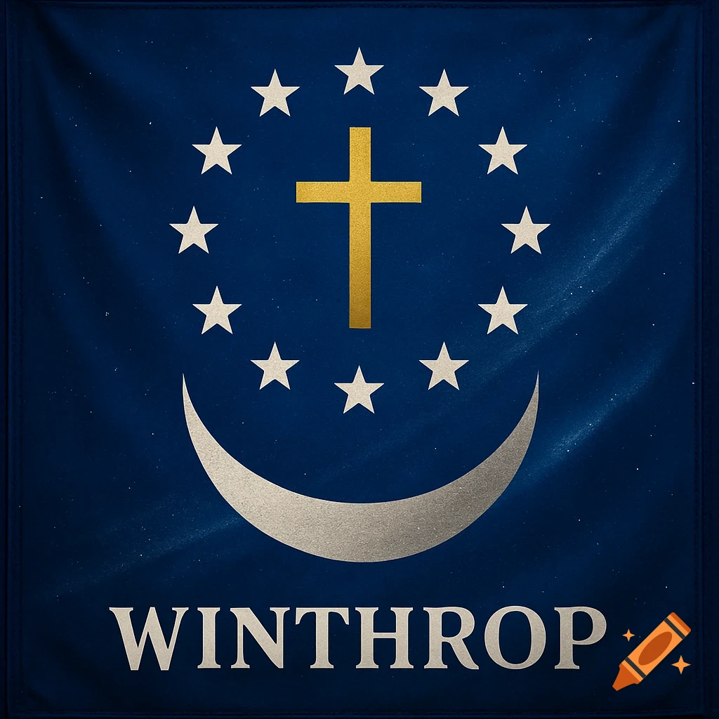A dark blue flag with a gold cross, a circle of white stars, a silver crescent moon, and the word 'WINTHROP'.