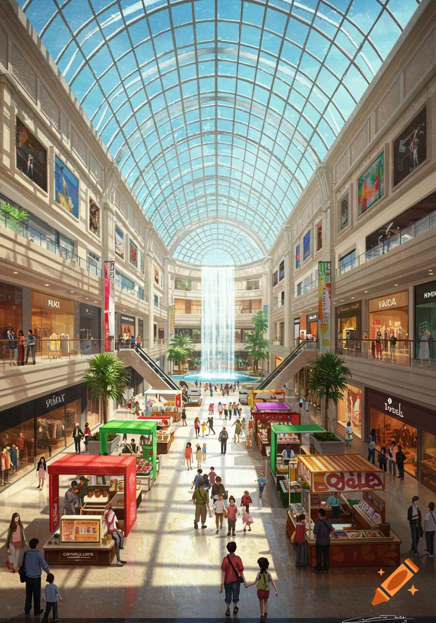 A detailed, brightly lit indoor shopping mall with a glass arched roof, a central waterfall, multi-level shops, and market stalls filled with shoppers.