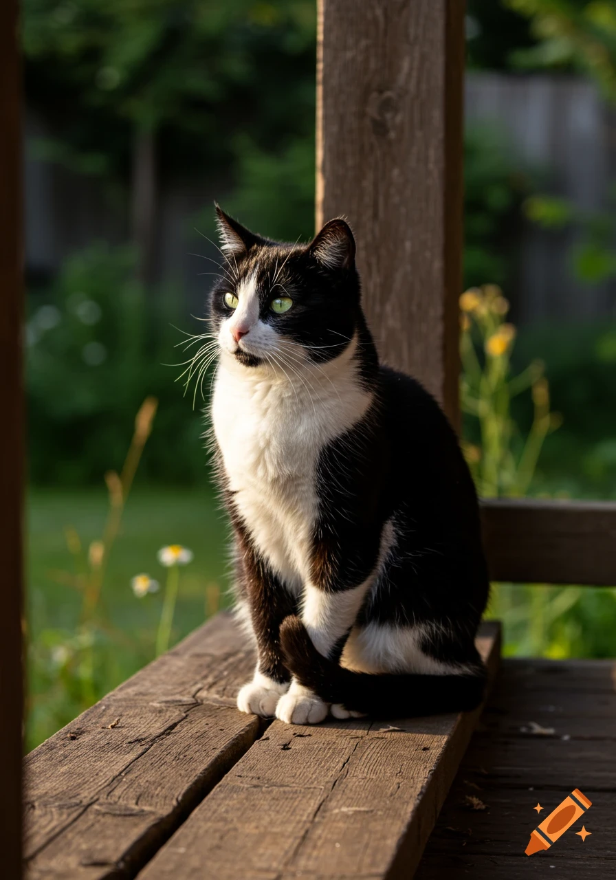 A black and white cat with bright green eyes sits on a sun-drenched wooden bench, looking intently into the distance.