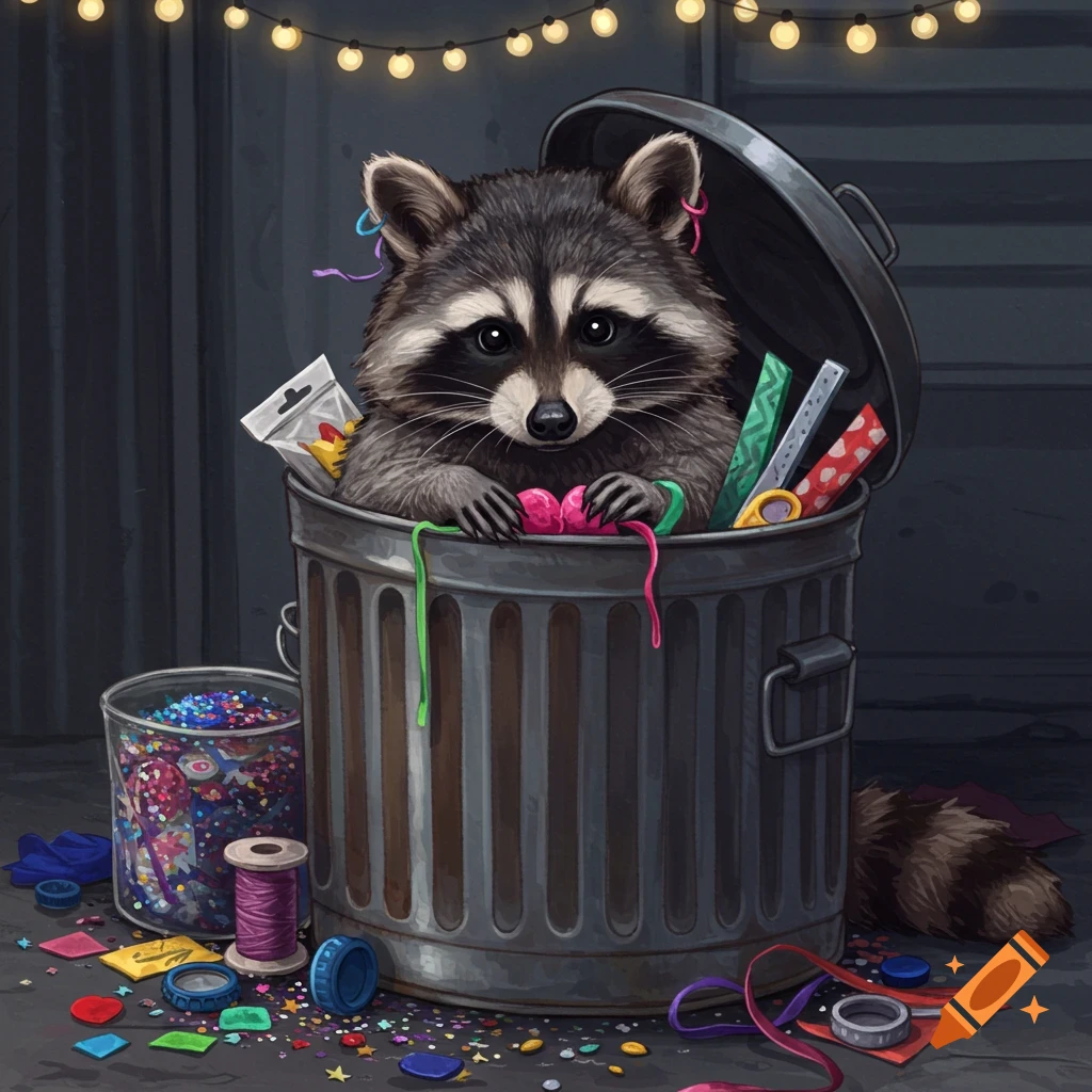 An illustrated cute raccoon sits in a trash can, surrounded by colorful craft supplies and string lights.