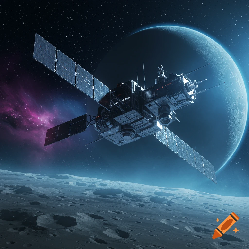 A photorealistic image of a satellite with large solar panels orbiting a cratered moon, with a large blue planet and pink nebula in the background.