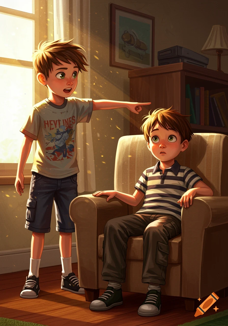 Two young boys in a sunlit room. One stands, pointing at an armchair where the other boy sits, in a stylized illustration.
