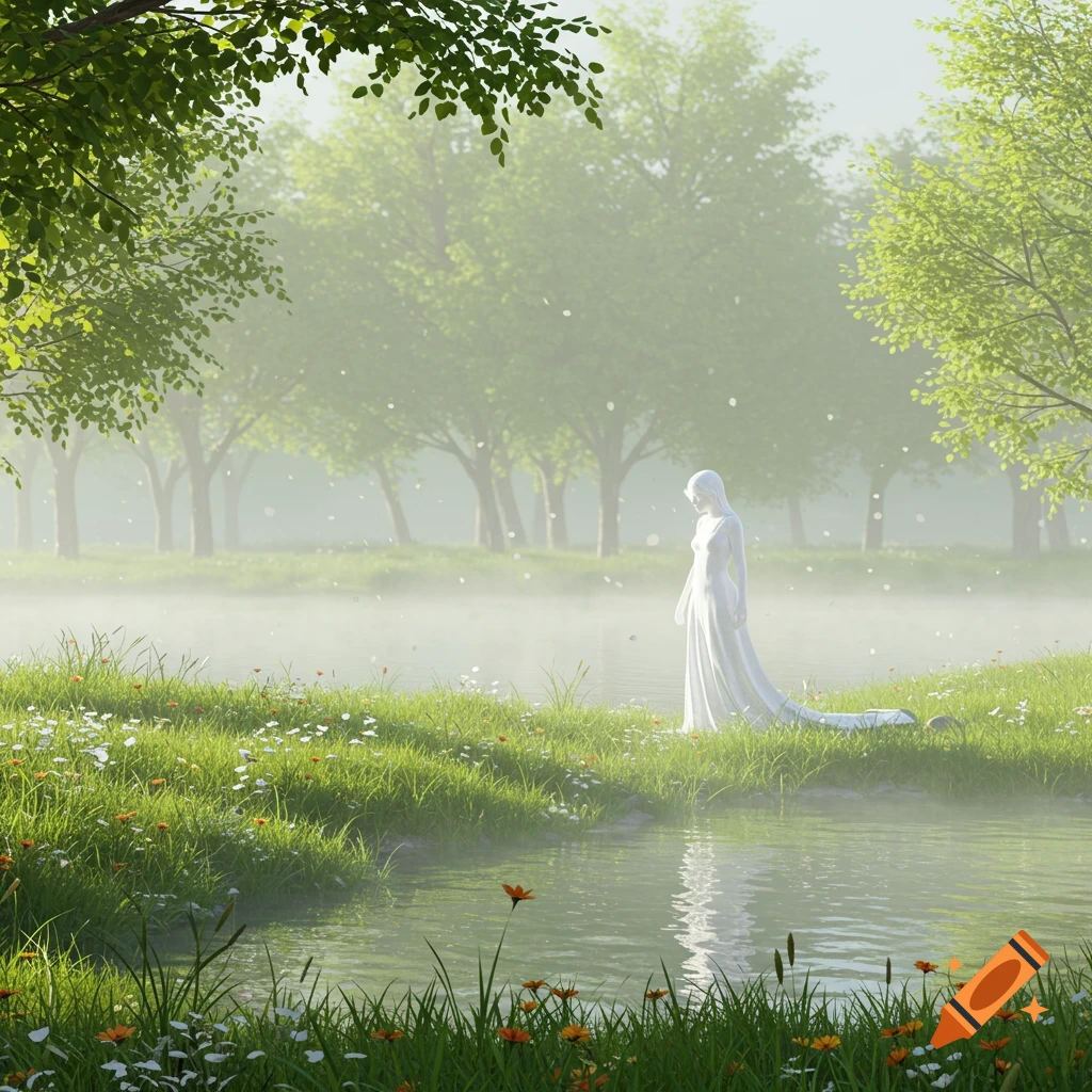 An ethereal white figure stands by a misty lake in a lush green forest with wildflowers.