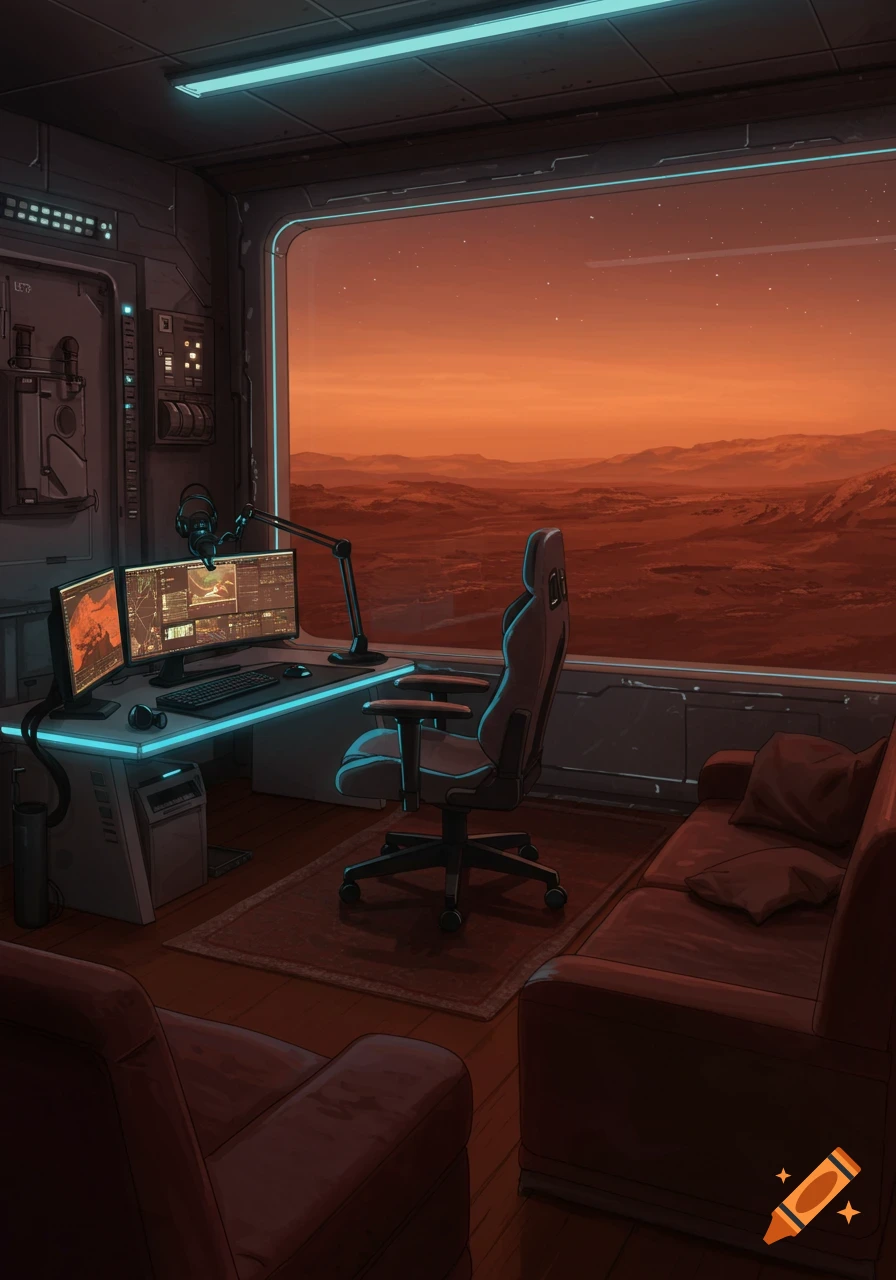 A sci-fi streamer room on Mars with a dual-monitor setup and large window overlooking a red Martian landscape at dusk.
