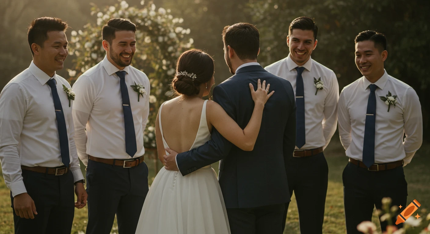 A bride in a white dress and groom in a dark suit embrace while groomsmen in white shirts and blue ties smile behind them in a garden wedding setting.