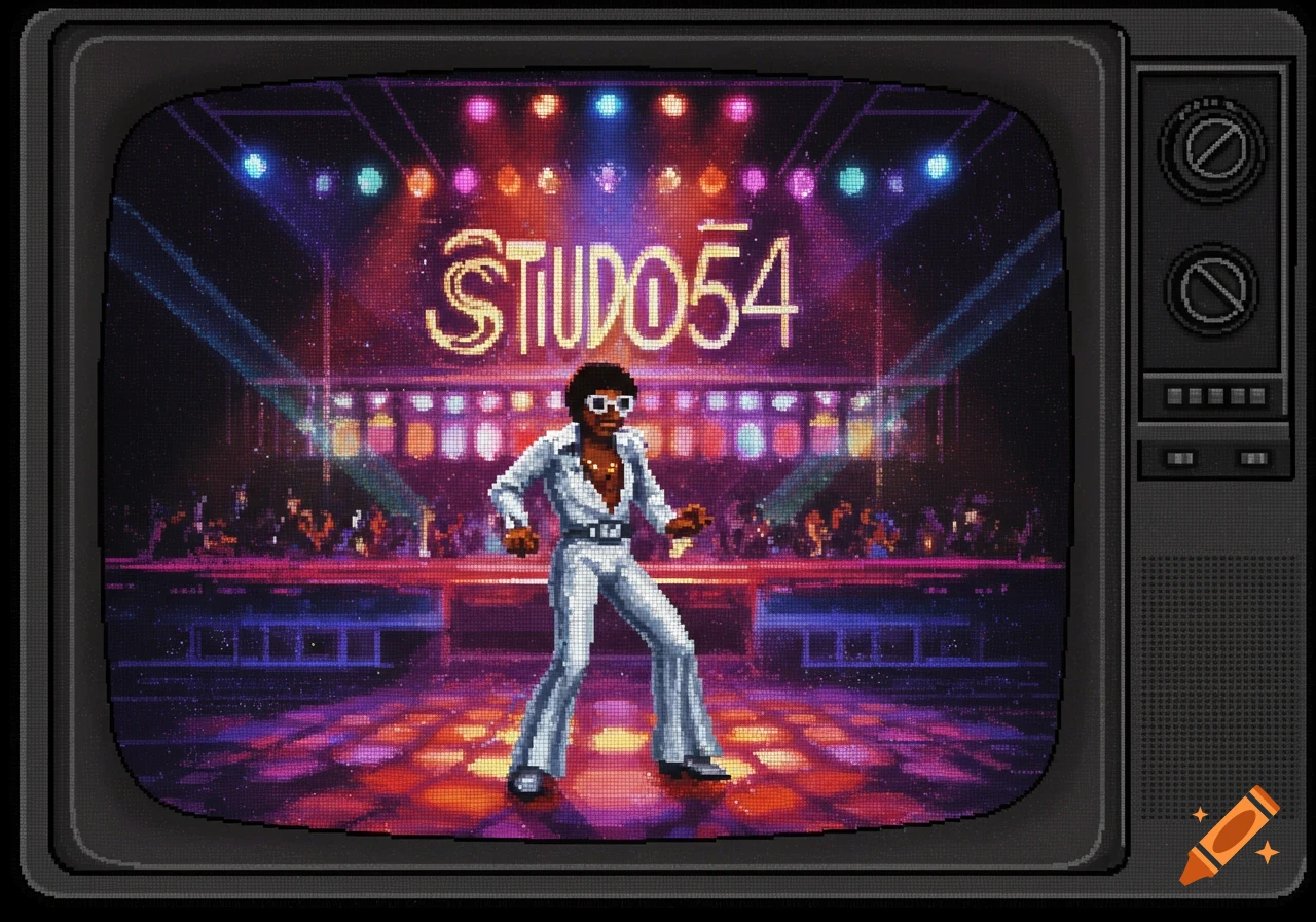 Pixel art of a man in a white suit dancing at Studio 54, displayed on a retro television screen.
