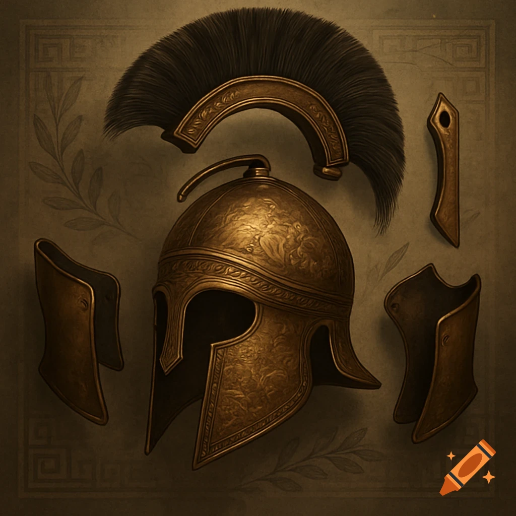 An ornate gold Corinthian Spartan helmet, plume, and armor pieces arranged on a muted, patterned background.