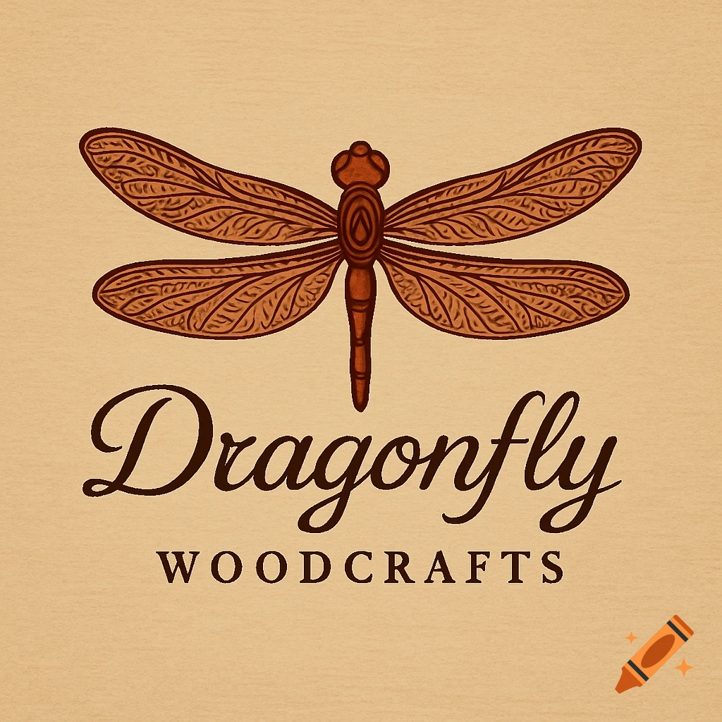A vintage-style logo featuring a brown stylized dragonfly above the words Dragonfly WOODCRAFTS on a tan background.