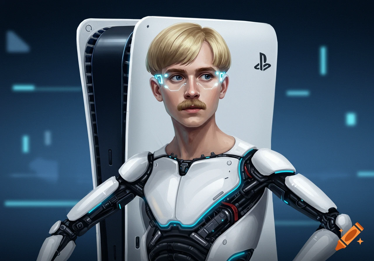 A blonde man with a bowl cut and mustache, fused to a PS5 console, with robotic arms and glowing cybernetic features on a blue background.